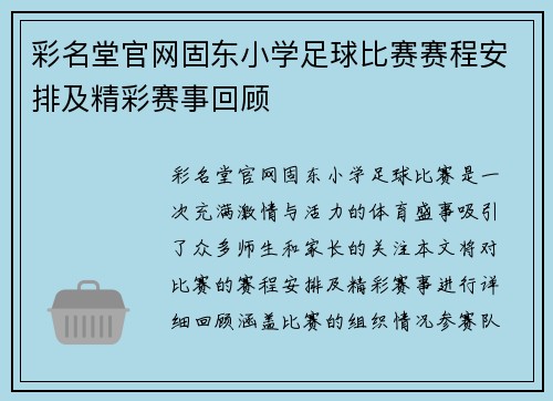 彩名堂官网固东小学足球比赛赛程安排及精彩赛事回顾