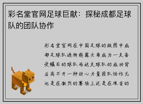 彩名堂官网足球巨献：探秘成都足球队的团队协作