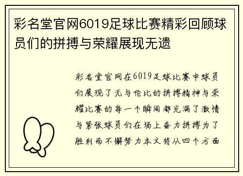 彩名堂官网6019足球比赛精彩回顾球员们的拼搏与荣耀展现无遗
