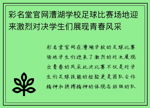 彩名堂官网漕湖学校足球比赛场地迎来激烈对决学生们展现青春风采
