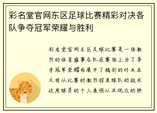 彩名堂官网东区足球比赛精彩对决各队争夺冠军荣耀与胜利