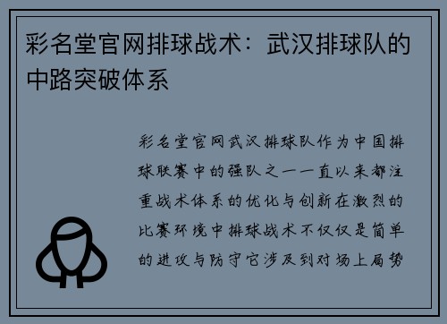 彩名堂官网排球战术：武汉排球队的中路突破体系