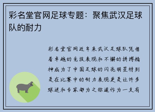 彩名堂官网足球专题：聚焦武汉足球队的耐力